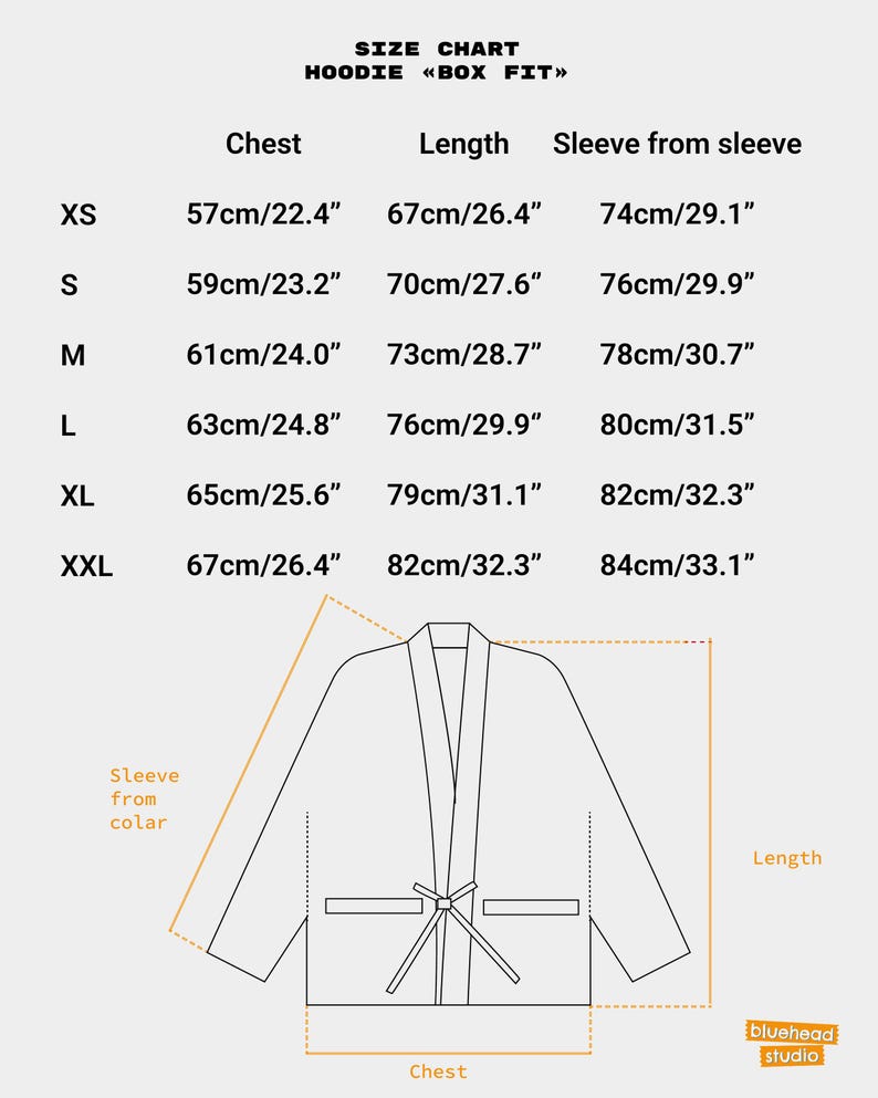 Puede incluir: Una tabla de tallas para una sudadera con capucha de corte cuadrado, con medidas de pecho, largo y manga en cent&iacute;metros y pulgadas para tallas de la XS a la XXL. Un dibujo lineal del dise&ntilde;o muestra los puntos de medici&oacute;n del producto.