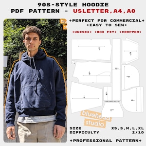 May include: A navy blue 90s-style hoodie with a drawstring hood and front pocket. The image includes a PDF pattern with the text "90S-STYLE HOODIE PDF PATTERN" and "USLETTER, A4, AO". The pattern is for sizes XS, S, M, L, XL. The difficulty is 2/10.