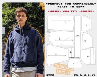 Patrón de costura en PDF para sudadera con capucha estilo años 90 / Unisex / Corta / Tallas XS-XL
