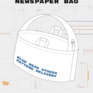 May include: A digital sewing pattern for a newspaper bag featuring a line drawing of the bag with short handles and a shoulder strap. The text reads SEW YOUR OWN NEWSPAPER BAG, BLUE HEAD STUDIO PATTERN DELIVERY, USLETTER, A4, A0 PDF, PATTERN + ILLUSTRATED TUTORIAL.