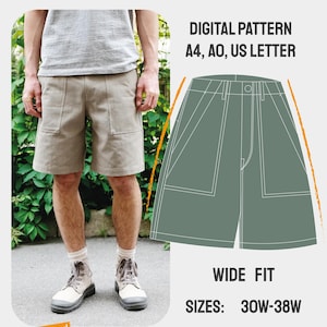 May include: Utility shorts digital pattern for sizes 30W-38W. The image shows a wide fit design with large front pockets, labelled as A4, A0, and US Letter formats. Text includes "UTILITY SHORTS", "DIGITAL PATTERN", "WIDE FIT", "SIZES: 30W-38W", and "+EASY TO SEW+".