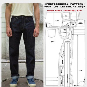 May include: A digital sewing pattern for classic selvedge denim jeans, featuring a high rise and straight fit. The image displays dark indigo jeans and a technical layout of pattern pieces with text: CLASSIC JEANS, PATTERN FOR SELVEDGE DENIM, PROFESSIONAL PATTERN, PDF (US LETTER, A4, A0), HIGH RISE, STRAIGHT FIT, SIZE 30W-36W, LENGTH 30L-36L, DIFFICULTY 5/10.