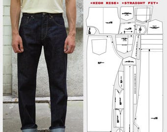 Patrón de costura en PDF para pantalones vaqueros con orillo / Tiro alto, corte recto / Tallas 28W-36W (Descarga digital)
