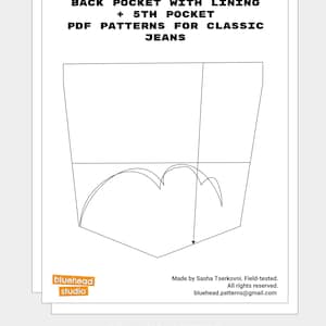 Puede incluir: Un patrón de costura PDF digital para bolsillos traseros de jeans clásicos con forro y un quinto bolsillo. El documento incluye plantillas de planchado y pespunte, formateadas para papel A4 y US Letter, con el logo de bluehead studio.