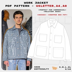 May include: A light blue work jacket with white paint splatter, shown with a PDF pattern. The jacket has four front pockets and button closures. The text on the image says "WORK JACKET PDF PATTERN" and "USLETTER, A4, A0".