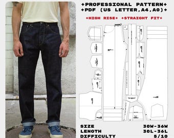 Patrón de costura en PDF para pantalones vaqueros con orillo / Tiro alto, corte recto / Tallas 30W-36W (Descarga digital)