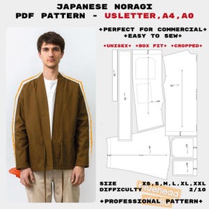 May include: A brown Japanese Noragi jacket with a PDF pattern. The jacket is worn by a person. The pattern includes sizes XS to XXL and is marked as easy to sew. The text on the image says "Perfect for commercial" and "Unisex".