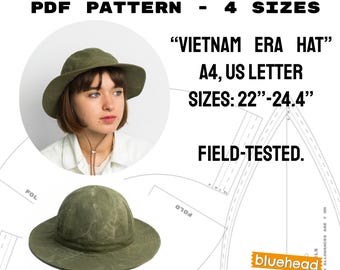 Patrón de costura para sombrero tipo pescador de 6 paneles / Estilo militar vintage (Descarga digital)