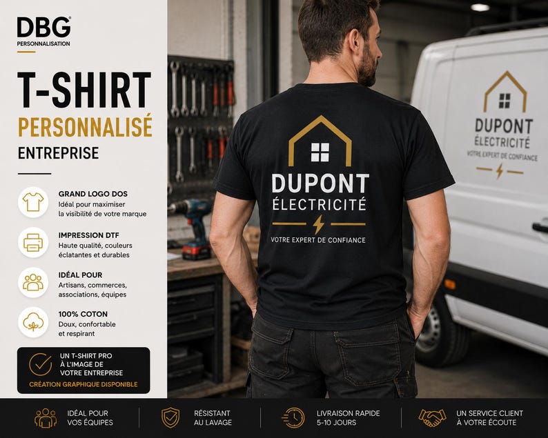 May include: A black short-sleeved t-shirt featuring a gold and white graphic on the back. The graphic displays a house outline, the text DUPONT &Eacute;LECTRICIT&Eacute;, a lightning bolt icon, and the text VOTRE EXPERT DE CONFIANCE in white and gold.