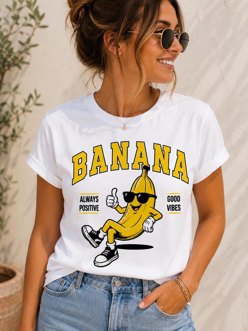 May include: A white short-sleeve t-shirt featuring a graphic of a yellow banana wearing black sunglasses and black sneakers. The banana is giving a thumbs up. The text BANANA is printed in yellow above, with ALWAYS POSITIVE GOOD VIBES on sides.