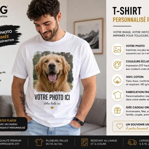 Może przedstawiać: Biały t-shirt z kr&oacute;tkim rękawem z nadrukowanym zdjęciem psa rasy golden retriever na klatce piersiowej, z napisem VOTRE PHOTO ICI oraz Votre texte ici pod zdjęciem, uzupełniony małą ikoną złotego serca.