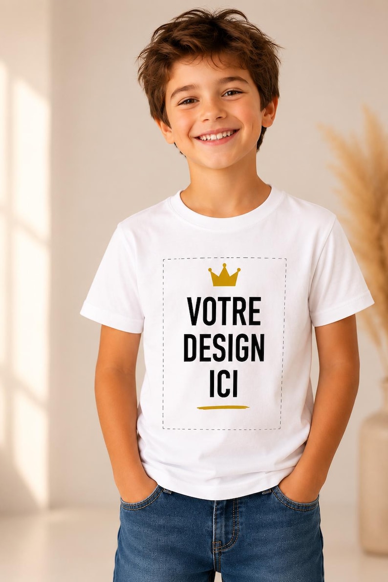 May include: A white short-sleeved t-shirt featuring a rectangular dashed border, a gold crown icon, and the black text "VOTRE DESIGN ICI" centred on the chest, paired with blue denim jeans. The design includes a small gold horizontal line.