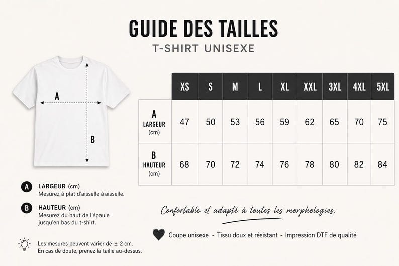 May include: A white t-shirt size guide chart featuring a graphic of a plain white t-shirt with arrows labeled A and B indicating width and height. A table displays sizes from XS to 5XL with corresponding measurements in centimeters for A and B.
