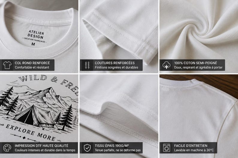 May include: A white t-shirt featuring a black graphic print of a tent, mountains, and pine trees with the text WILD & FREE and EXPLORE MORE. The shirt has a reinforced crew neck, double-stitched seams, and is made of 190g/m2 cotton fabric.
