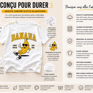 K&ouml;nnte beinhalten: Ein wei&szlig;es Kurzarm-T-Shirt mit einer Grafik einer gelben Banane, die eine Sonnenbrille und Turnschuhe tr&auml;gt und den Daumen hochh&auml;lt. Der Text BANANA ist in Gelb dar&uuml;ber gedruckt, mit ALWAYS POSITIVE und GOOD VIBES an den Seiten.