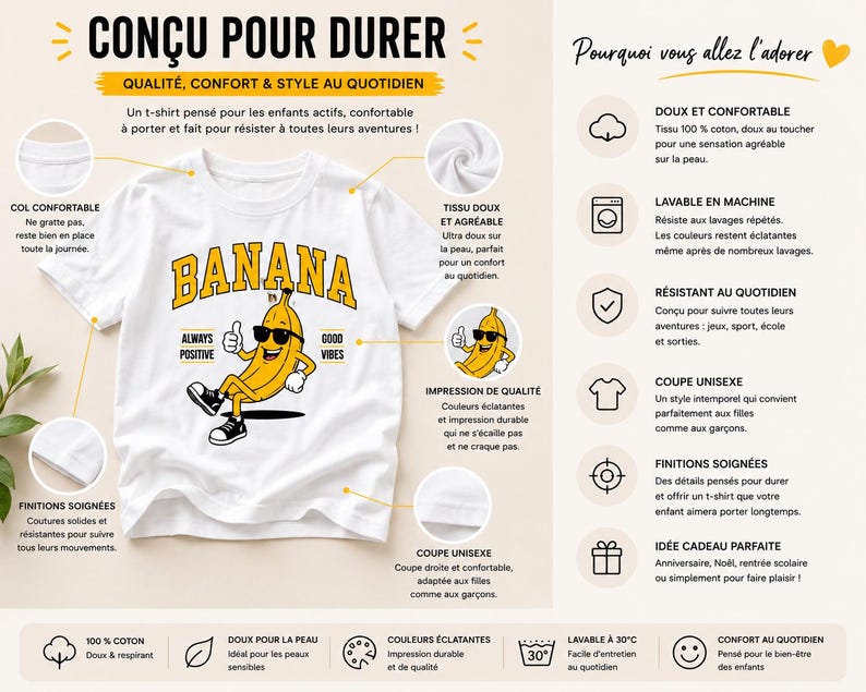 K&ouml;nnte beinhalten: Ein wei&szlig;es Kurzarm-T-Shirt mit einer Grafik einer gelben Banane, die eine Sonnenbrille und Turnschuhe tr&auml;gt und den Daumen hochh&auml;lt. Der Text BANANA ist in Gelb dar&uuml;ber gedruckt, mit ALWAYS POSITIVE und GOOD VIBES an den Seiten.