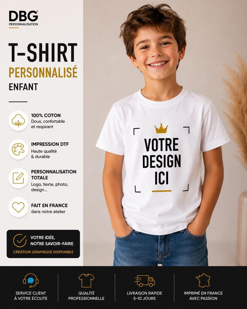 May include: A white short-sleeved t-shirt featuring a gold crown icon above the black text "VOTRE DESIGN ICI" enclosed in a square frame. The shirt is displayed with informational text in French regarding custom printing services and cotton material.