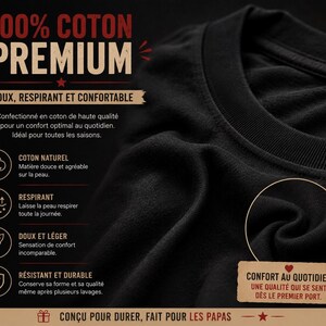 May include: A black cotton t-shirt featuring text that reads 100% COTON PREMIUM, DOUX, RESPIRANT ET CONFORTABLE, and CONFORT AU QUOTIDIEN. The graphic includes icons for natural cotton, breathability, softness, and durability, with the text CON&Ccedil;U POUR DURER, FAIT POUR LES PAPAS.