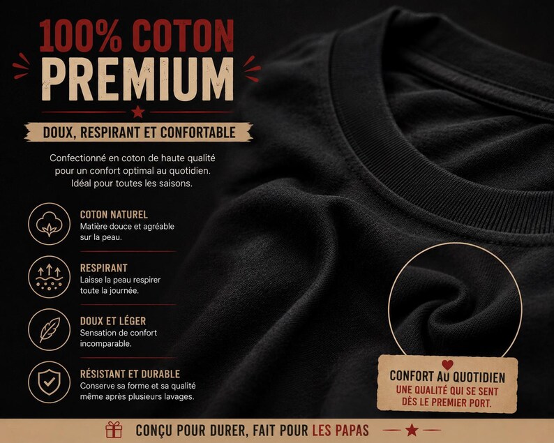 May include: A black cotton t-shirt featuring text that reads 100% COTON PREMIUM, DOUX, RESPIRANT ET CONFORTABLE, and CONFORT AU QUOTIDIEN. The graphic includes icons for natural cotton, breathability, softness, and durability, with the text CON&Ccedil;U POUR DURER, FAIT POUR LES PAPAS.