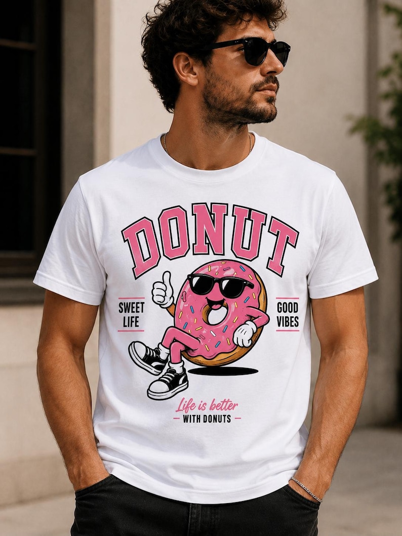 Pu&ograve; includere: Una t-shirt bianca con la grafica di una ciambella glassata rosa con zuccherini, che indossa occhiali da sole neri e scarpe da ginnastica nere. Il testo recita DONUT, SWEET LIFE, GOOD VIBES e Life is better WITH DONUTS in caratteri rosa e neri.