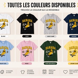 K&ouml;nnte beinhalten: Acht kurz&auml;rmelige T-Shirts in Wei&szlig;, Schwarz, Grau, Marineblau, Hellblau, Rosa, Dunkelgr&uuml;n und Gelb. Jedes Shirt zeigt eine Grafik einer gelben Bananenfigur mit Sonnenbrille, die den Daumen hochh&auml;lt, sowie den Text BANANA, ALWAYS POSITIVE und GOOD VIBES.