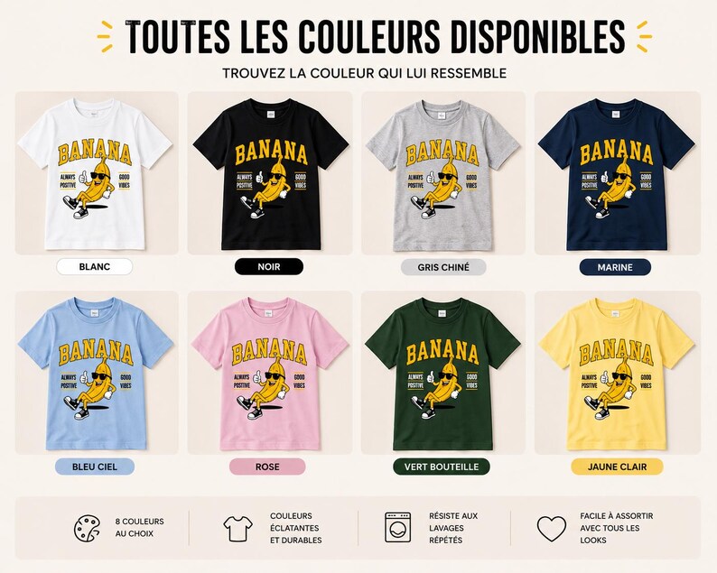 K&ouml;nnte beinhalten: Acht kurz&auml;rmelige T-Shirts in Wei&szlig;, Schwarz, Grau, Marineblau, Hellblau, Rosa, Dunkelgr&uuml;n und Gelb. Jedes Shirt zeigt eine Grafik einer gelben Bananenfigur mit Sonnenbrille, die den Daumen hochh&auml;lt, sowie den Text BANANA, ALWAYS POSITIVE und GOOD VIBES.