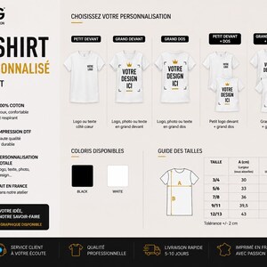May include: A white t-shirt personalisation guide for children featuring various print placement options like front, back, and combined designs. Includes a colour palette of black and white, a sizing chart with measurements in cm, and product details.
