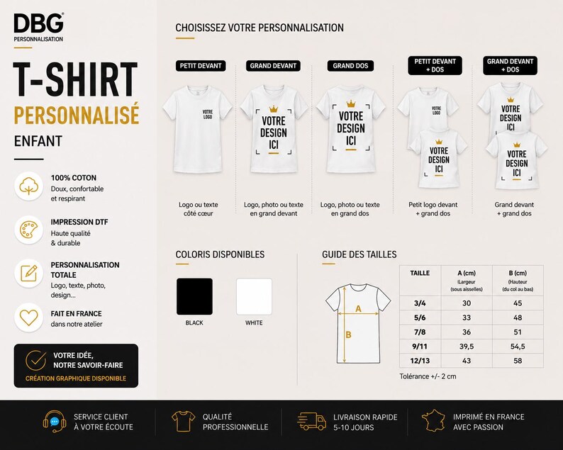 May include: A white t-shirt personalisation guide for children featuring various print placement options like front, back, and combined designs. Includes a colour palette of black and white, a sizing chart with measurements in cm, and product details.