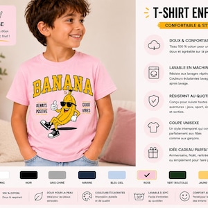 K&ouml;nnte beinhalten: Ein hellrosa kurz&auml;rmeliges T-Shirt mit einer Grafik einer gelben Banane, die eine schwarze Sonnenbrille und Turnschuhe tr&auml;gt und den Daumen hochh&auml;lt. Der Text BANANA steht in gro&szlig;en gelben Buchstaben dar&uuml;ber, erg&auml;nzt durch ALWAYS POSITIVE und GOOD VIBES.