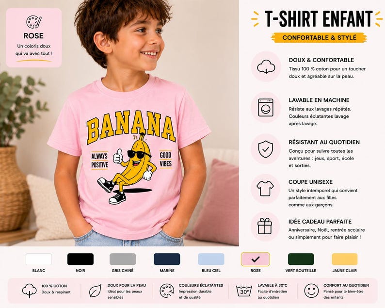 K&ouml;nnte beinhalten: Ein hellrosa kurz&auml;rmeliges T-Shirt mit einer Grafik einer gelben Banane, die eine schwarze Sonnenbrille und Turnschuhe tr&auml;gt und den Daumen hochh&auml;lt. Der Text BANANA steht in gro&szlig;en gelben Buchstaben dar&uuml;ber, erg&auml;nzt durch ALWAYS POSITIVE und GOOD VIBES.