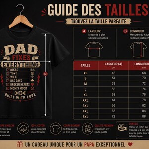 May include: A black t-shirt featuring a graphic with the text DAD FIXES EVERYTHING and a checklist of items including bikes, toys, wi-fi, bad days, broken hearts, and mom's mood. The image includes a size chart with measurements in centimeters.