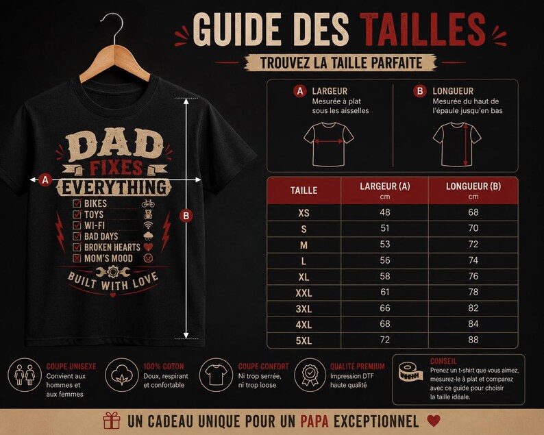 May include: A black t-shirt featuring a graphic with the text DAD FIXES EVERYTHING and a checklist of items including bikes, toys, wi-fi, bad days, broken hearts, and mom's mood. The image includes a size chart with measurements in centimeters.