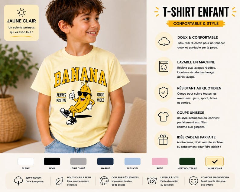 K&ouml;nnte beinhalten: Ein hellgelbes Kurzarm-T-Shirt mit einer Grafik einer Cartoon-Banane, die eine Sonnenbrille und Turnschuhe tr&auml;gt. Der Text BANANA ist in gro&szlig;en Buchstaben &uuml;ber der Figur gedruckt, mit den Worten ALWAYS POSITIVE und GOOD VIBES an den Seiten.