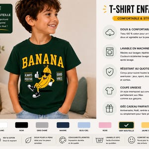 K&ouml;nnte beinhalten: Ein dunkelgr&uuml;nes Kurzarm-T-Shirt mit einer gelben Cartoon-Banane, die eine Sonnenbrille und Turnschuhe tr&auml;gt. Das Motiv enth&auml;lt den Text BANANA, ALWAYS POSITIVE und GOOD VIBES. Das T-Shirt besteht aus Baumwolle und ist maschinenwaschbar.