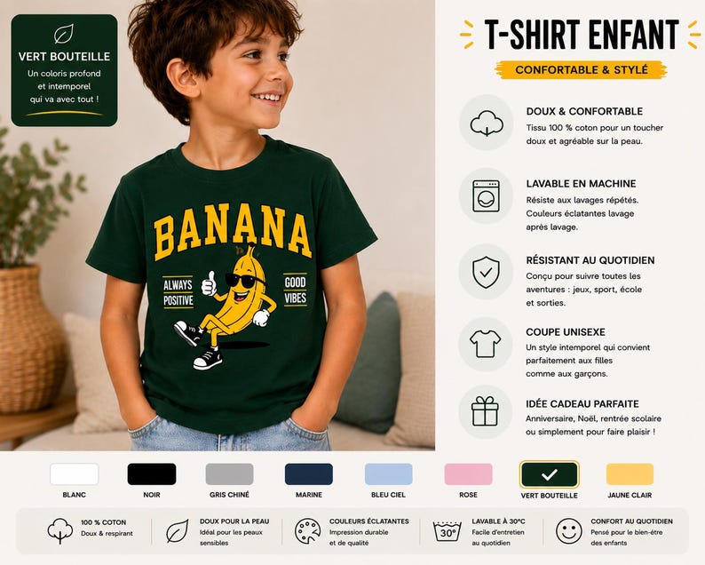 K&ouml;nnte beinhalten: Ein dunkelgr&uuml;nes Kurzarm-T-Shirt mit einer gelben Cartoon-Banane, die eine Sonnenbrille und Turnschuhe tr&auml;gt. Das Motiv enth&auml;lt den Text BANANA, ALWAYS POSITIVE und GOOD VIBES. Das T-Shirt besteht aus Baumwolle und ist maschinenwaschbar.
