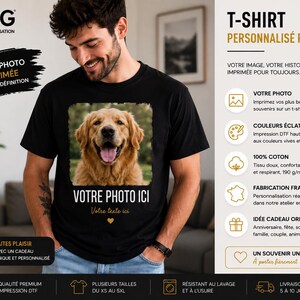 Może przedstawiać: Czarny t-shirt z kr&oacute;tkim rękawem z kwadratowym nadrukiem fotograficznym psa rasy golden retriever na klatce piersiowej. Pod zdjęciem znajduje się biały napis VOTRE PHOTO ICI, a poniżej tekst Votre texte ici oraz małe ż&oacute;łte serce.