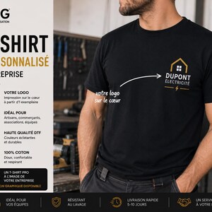 May include: A black short-sleeved t-shirt featuring a white and gold logo on the left chest that reads DUPONT &Eacute;LECTRICIT&Eacute; with a house icon and a lightning bolt symbol. The shirt is displayed with text on the left side detailing customization.