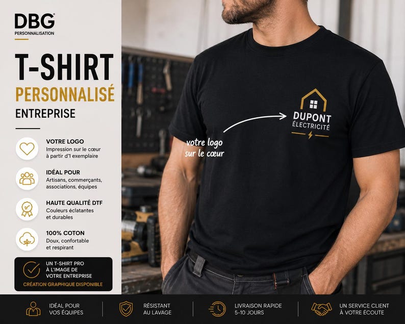 May include: A black short-sleeved t-shirt featuring a white and gold logo on the left chest that reads DUPONT &Eacute;LECTRICIT&Eacute; with a house icon and a lightning bolt symbol. The shirt is displayed with text on the left side detailing customization.