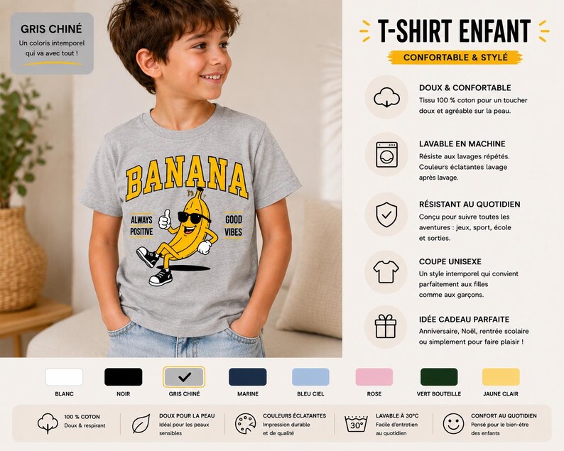 K&ouml;nnte beinhalten: Ein graues, meliertes Kurzarm-T-Shirt mit einer Grafik einer gelben Banane, die eine schwarze Sonnenbrille und Turnschuhe tr&auml;gt und den Daumen hochh&auml;lt. Der Text BANANA steht in Gelb dar&uuml;ber, mit ALWAYS POSITIVE und GOOD VIBES an den Seiten.