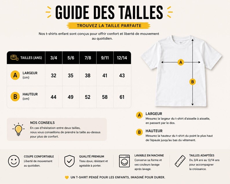 K&ouml;nnte beinhalten: Eine Gr&ouml;&szlig;entabelle f&uuml;r ein wei&szlig;es T-Shirt mit einer &Uuml;bersicht f&uuml;r Altersgruppen von 3/4 bis 12/14 Jahren. Die Tabelle zeigt Breiten- und H&ouml;henma&szlig;e in cm, gekennzeichnet mit A und B, sowie Pfeile auf einer wei&szlig;en T-Shirt-Abbildung.