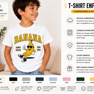 K&ouml;nnte beinhalten: Ein wei&szlig;es T-Shirt mit kurzen &Auml;rmeln und einer Grafik einer gelben Bananenfigur, die eine Sonnenbrille und Turnschuhe tr&auml;gt. Der Text BANANA ist in Gelb &uuml;ber der Figur gedruckt, flankiert von den W&ouml;rtern ALWAYS POSITIVE und GOOD VIBES.