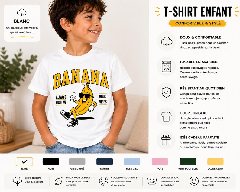 K&ouml;nnte beinhalten: Ein wei&szlig;es T-Shirt mit kurzen &Auml;rmeln und einer Grafik einer gelben Bananenfigur, die eine Sonnenbrille und Turnschuhe tr&auml;gt. Der Text BANANA ist in Gelb &uuml;ber der Figur gedruckt, flankiert von den W&ouml;rtern ALWAYS POSITIVE und GOOD VIBES.