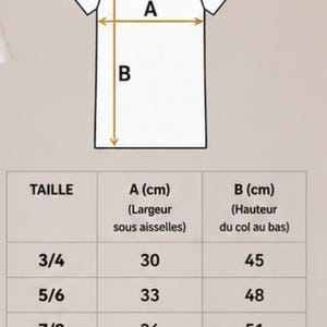 May include: A size guide chart for a t-shirt featuring a line drawing of a shirt with arrows labeled A for width and B for height. The table lists sizes 3/4 through 12/13 with corresponding measurements in centimeters for width and height, plus a tolerance of +/- 2 cm.