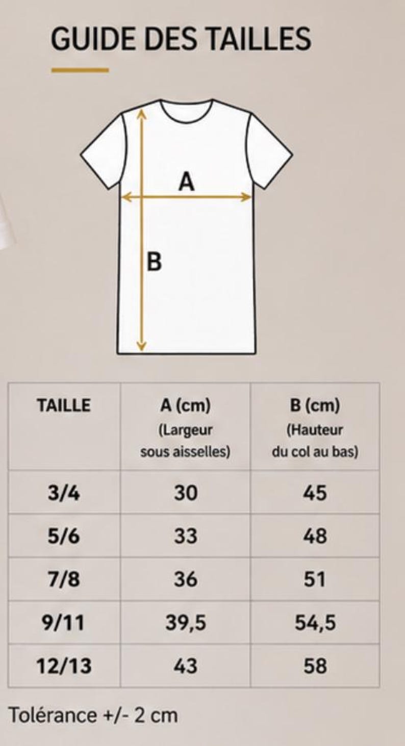 May include: A size guide chart for a t-shirt featuring a line drawing of a shirt with arrows labeled A for width and B for height. The table lists sizes 3/4 through 12/13 with corresponding measurements in centimeters for width and height, plus a tolerance of +/- 2 cm.