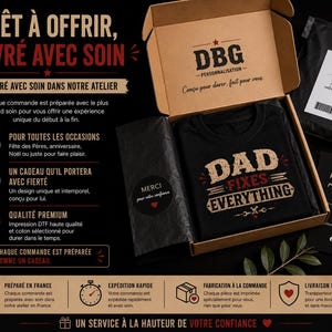 May include: A black t-shirt with the text DAD FIXES EVERYTHING printed in beige and red, packaged in a cardboard gift box. The box includes a branded logo, a thank you note, and black tissue paper. The shirt features a graphic design with tools.