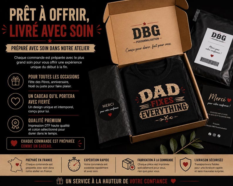 May include: A black t-shirt with the text DAD FIXES EVERYTHING printed in beige and red, packaged in a cardboard gift box. The box includes a branded logo, a thank you note, and black tissue paper. The shirt features a graphic design with tools.