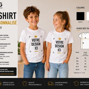 May include: A white short-sleeved t-shirt featuring a gold crown icon above the black text 'VOTRE DESIGN ICI' enclosed in corner brackets. The image includes a size chart with measurements in centimetres and colour options for black and white.