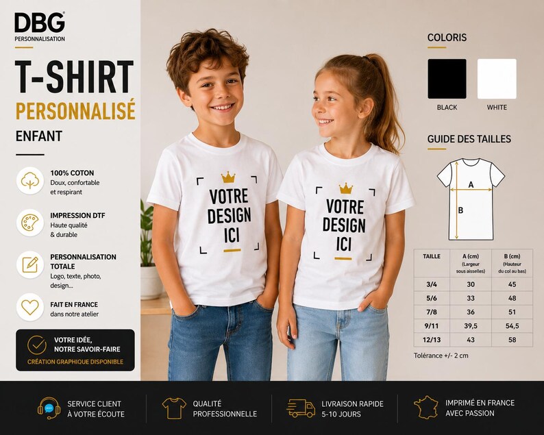 May include: A white short-sleeved t-shirt featuring a gold crown icon above the black text 'VOTRE DESIGN ICI' enclosed in corner brackets. The image includes a size chart with measurements in centimetres and colour options for black and white.