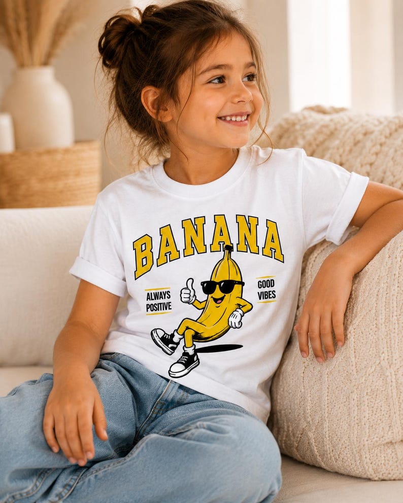 K&ouml;nnte beinhalten: Ein wei&szlig;es Kurzarm-T-Shirt mit einer Grafik einer gelben Banane, die eine schwarze Sonnenbrille und schwarze Turnschuhe tr&auml;gt. Die Banane zeigt einen Daumen hoch. Der Text BANANA steht in Gelb dar&uuml;ber, mit ALWAYS POSITIVE und GOOD VIBES an den Seiten.