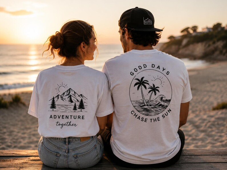 May include: Two white t-shirts featuring black graphic prints on the back. One shirt displays a mountain, trees, and the text "ADVENTURE together." The other shirt shows palm trees, a wave, and the text "GOOD DAYS CHASE THE SUN."